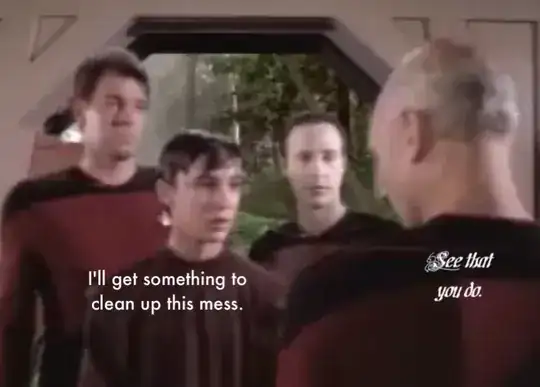 Riker (left) and Data (right) stand behind a soaking wet Wesley Crusher who is speaking to Picard (seen from behind, over his left shoulder). The open door of the holodeck, showing a forest environment, is in the background. The picture has captions: Wesley "I'll get something to clean up this mess." Picard "See that you do."