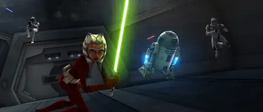 Ahsoka in red runs downa hallway with a green lightsaber in both hands ignited; besides her is R2 flying with his thrusters; two clone troopers leaping into the air are following behind with their weapons drawn
