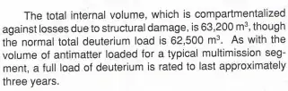 The total internal volume, which is compartmentalized against losses due to structural damage, is 62,200 m^3. As with the volume of antimatter loaded for a typical multimission segment, a full load of deuterium is rated to last approximately _three years_.