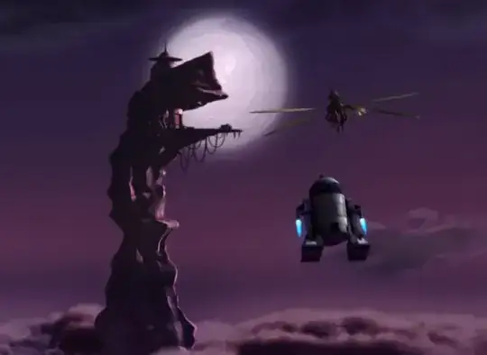 R2 flies in the sky with his thrusters following a Jedi on a four winged creature up towards a building on a tall thin rocky formation