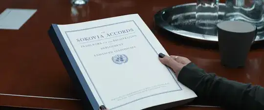 A hand resting on a brown wooden table holds a thick bound document labeled "Sokovia Accords"