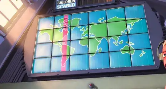 Map of the world on the board over the Scare Floor with a red line across the "Eastern Seaboard"