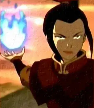 The image frames Azula's head and shoulders; she is wearing a mid-brown high-collared tunic over a lighter brown shirt.  She is holding her right arm outstretched to the side and behind her, with her palm up and her fingers spread.
Floating just above her palm is a head-sized bright blue flame.