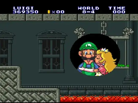The ending screen of Super Mario Bros.: The Lost Levels as Luigi, with Peach kissing Luigi instead of Mario. Luigi's main outfit is blue and his trousers are green, instead of the more modern colour pattern with blue trousers.
