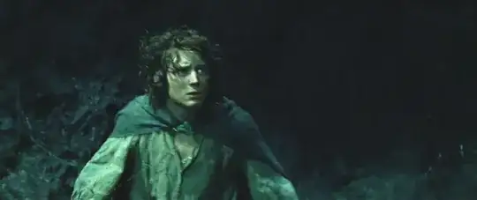 Frodo stands, looking up and right; his cloak is clasped at his throat above an open V in his shirt where his skin shows, unprotected by his mail