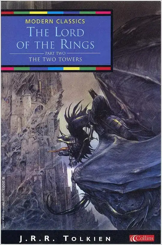 A giant black snake-like creature with bat wings, uncanny faceted-looking eyes and a toothy mouth gaping to reveal a long red tongue curls around a rock facing a monstrous pile of walls, arches, towers and battlements extending vertically out of sight.  On the creature, just ahead of its shoulders, sits a being in a cloak, plate armour legs and a spiked coronal helmet.