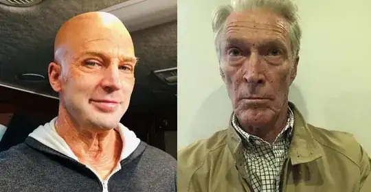 Side by side image of Chris with his makeup and bald cap on and his body double