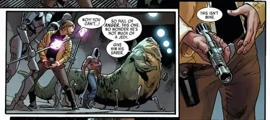 Luke, in restraints, arms held by two tall enforcer droids with shock rods, says "No!!! You can't!" to which the Hutt in the background responds "So full of anger, this one. No wonder he's not much of a Jedi. Give him his saber." The next frame shows Luke's hands, holding a lightsaber in his right; he says "This isn't mine."