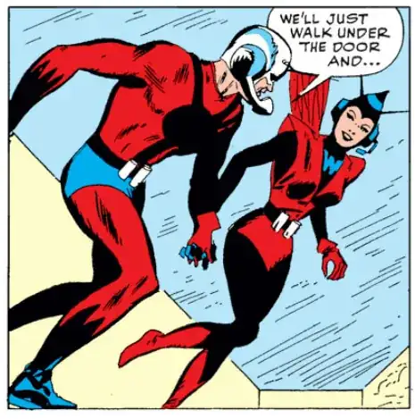 Comic panel showing Wasp with the logo on her chest