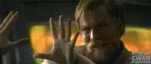 Obi-Wan (facing, right) grimaces as he tries to use his left hand to Force Push Anakin (off-screen, left)
