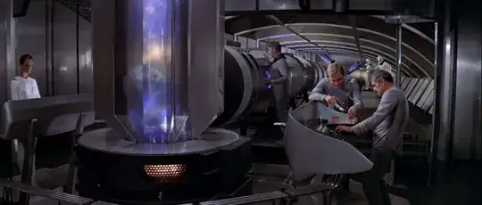Constitution refit engineering section, lower level, shown in Star Trek: The Motion Picture. The bottom portion of the vertical intermix chamber is shown, with the horizontal intermix chamber connected behind it. Translucent portions of each chamber show a smokey, bluish glowing liquid/gas-like mixture.