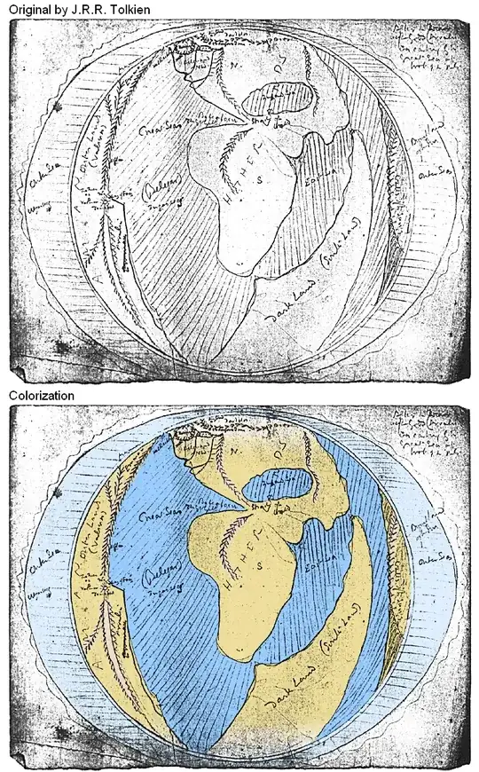 composite image showing Tolkien's sketch of Arda before the changing of the world in black-and-white above, with the coloured version (sea blue, land yellow, outer sea light blue)