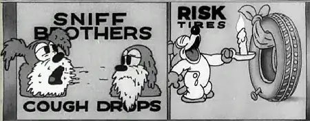 Gray advertisement showing a dog coughing on another dog with the label "Sniff Brothers cough drops", and a mouse holding a candle next to a tire with a nail stuck in it labelled "Risk tires".