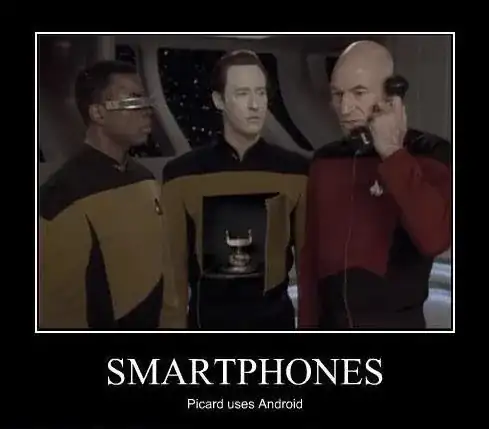Picard using a phone located in Data's chest, with the label "Smartphones - Picard uses Android"