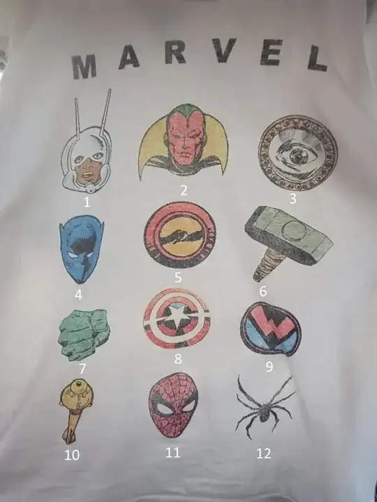 T-shirt with 12 icons portraying or representing Marvel characters