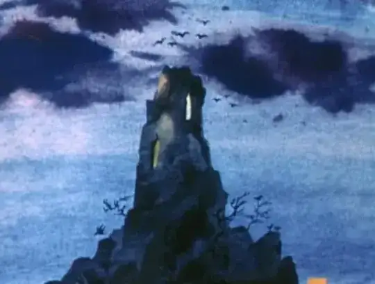 The tower is a grey rocky structure growing out of a barren rock crag, with only a few spindly little trees around it.  There is a lit window on each of 2 levels, irregular like the rest of the tower; it's not possible to determine where the crag ends and the tower begins.  The tower is silhouetted against a grey sky with dark clouds and has numerous dark birds flying overhead.
