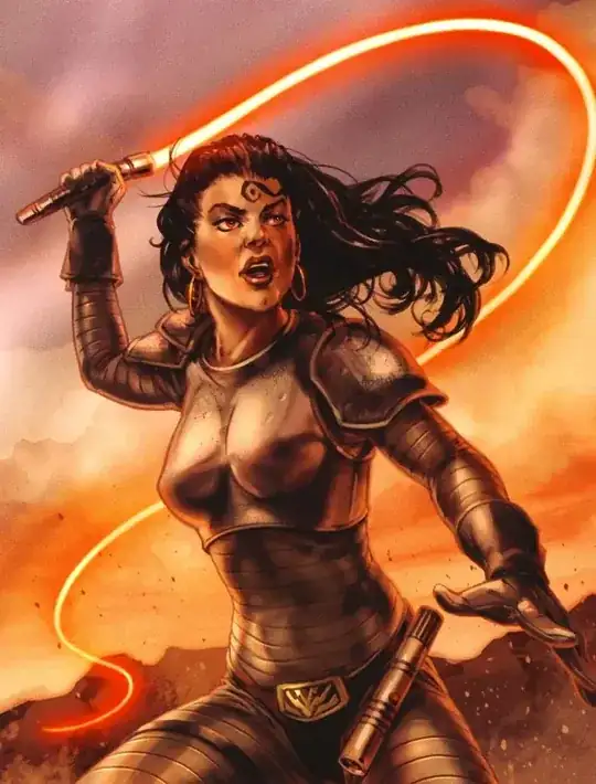 Githany, bareheaded but otherwise in armour of overlapping plates and segments, wields a lightwhip in her right hand.  She holds it overhead and behind her, and it trails at least a couple of metres behind her, looking very much like a bullwhip.