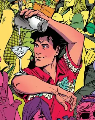 Superman pouring a drink in a cocktail glass