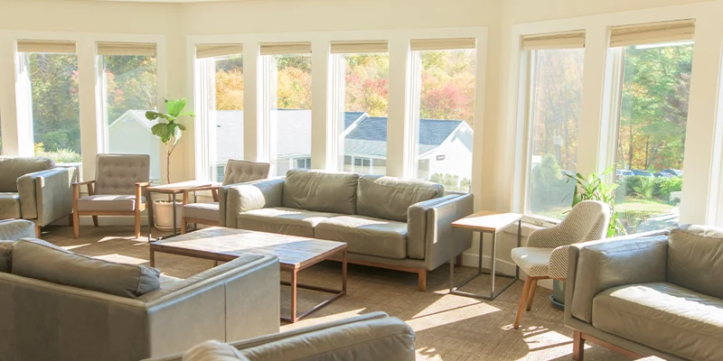 Lounge area with sofas and tables.