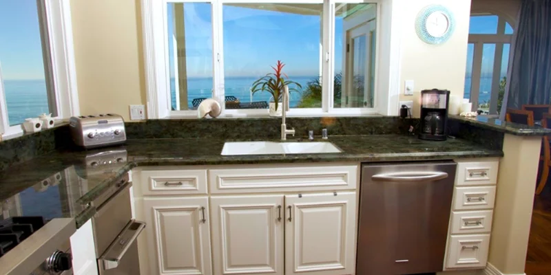 Modern kitchen with ocean views.