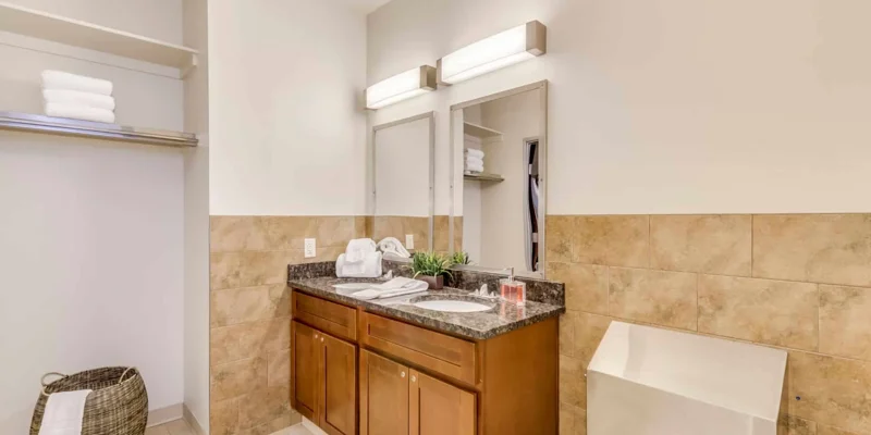 Bathroom with two sinks and mirrors.