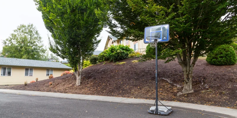 An outdoor basketball hoop near a landscaped hill and trees.