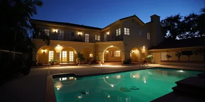 Pool area overlooked by balcony.