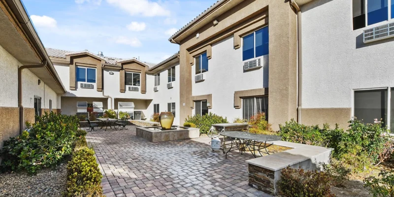 Outdoor courtyard with plants and a relaxing atmosphere