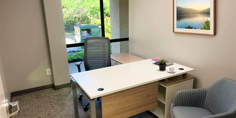 Private office with a desk, chair, and window view