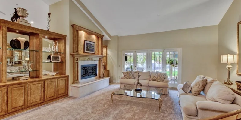 Living room with seating and a fireplace.