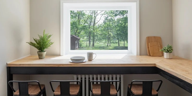 Breakfast nook with a countertop,  stools, and a window.