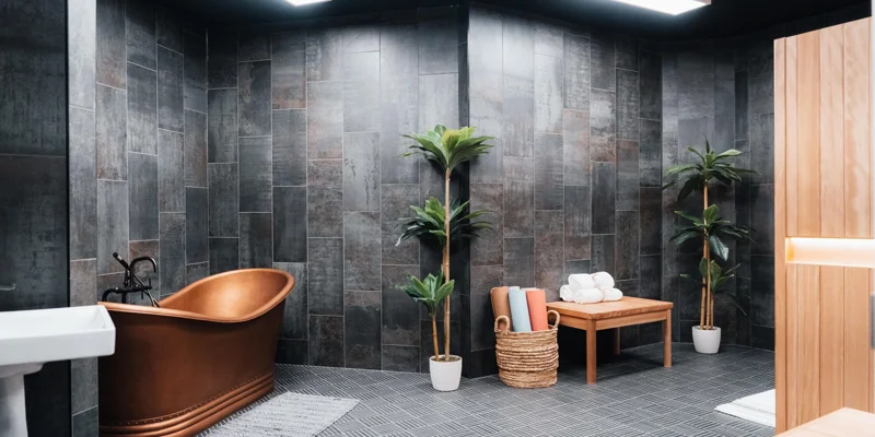 Modern bathroom with granite walls, plants and decor.