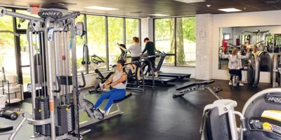 Gym with exercise equipment.