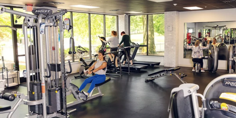 Gym with exercise equipment.