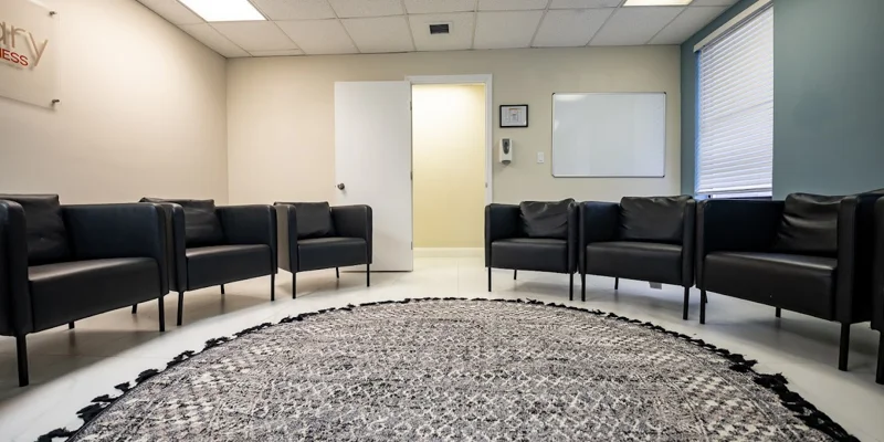 Circle of black chairs around a large patterned rug