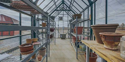 Greenhouse interior with empty pots and metal shelving.