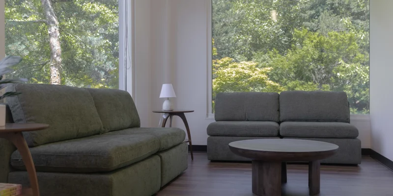 Living room with couches and large windows, overlooking greenery.