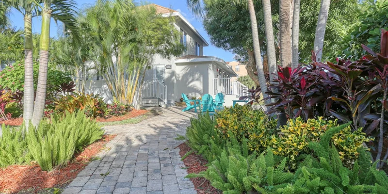 Garden path surrounded by tropical landscaping and trees