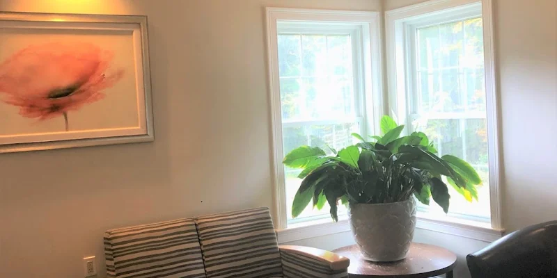 A cozy seating area with a striped chair, potted plant, and artwork.