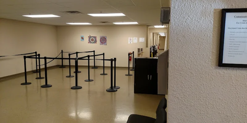 Waiting area with chairs and divider ropes.