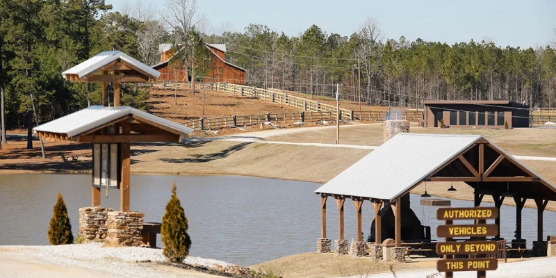 Scenic rehab facility with a pond and pavilion