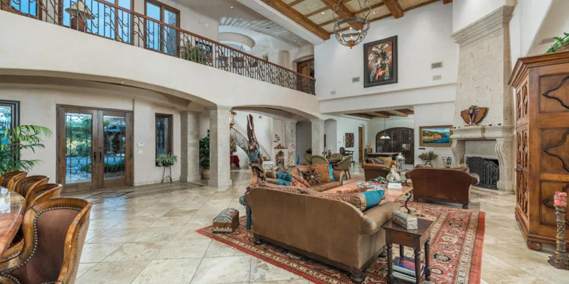 Spacious living area with rustic decor.
