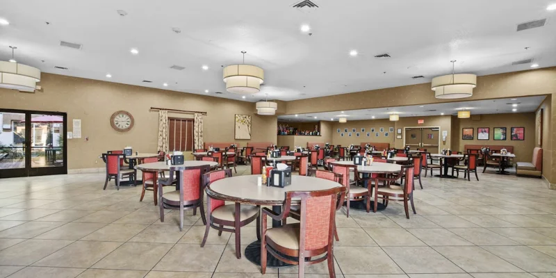 Bright, open dining area with modern lighting and furnishings