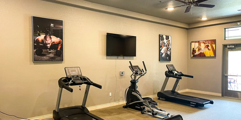 Gym with treadmills and a TV.