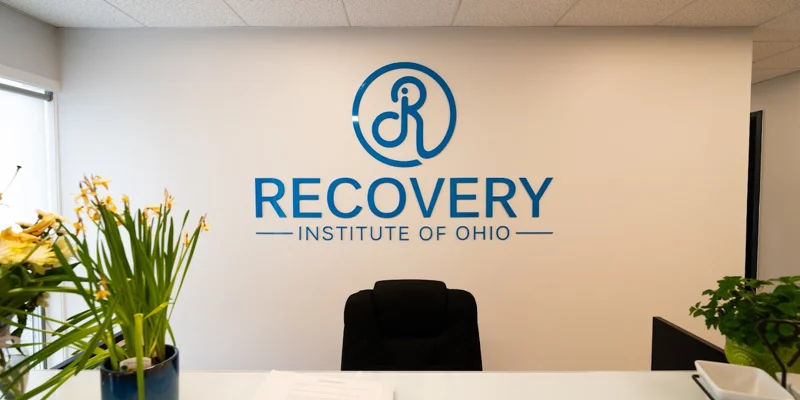 Reception desk with large Recovery Institute of Ohio logo behind it.