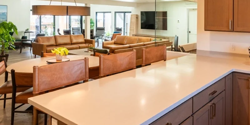Open kitchen with island and dining table