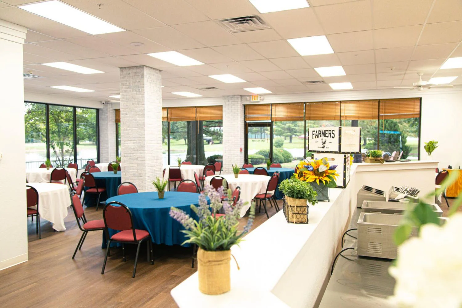 Dining area with tables and chairs.
