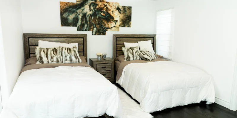 Two beds with fur pillows and lion artwork in a shared bedroom