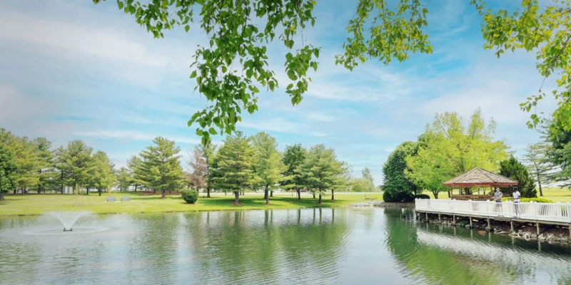 Outdoor area with gazebo, fountain by a pond.