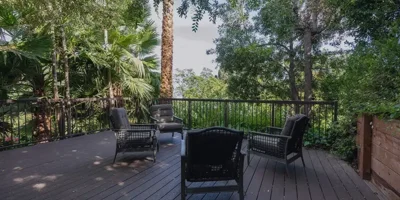 Outdoor deck with seating.